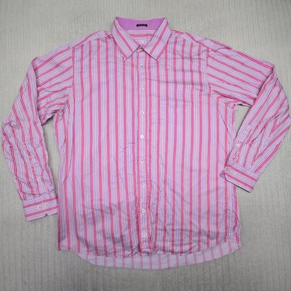 Bugatchi Uomo Shirt Mens Large Pink Stripe Long Sleeve Button Up Dress Cotton